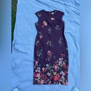 Burgundy dress with a floral pattern, pencil skirt style knee length